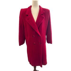 Vintage 80s Trench Pea Coat Cherry Red Boxy Pleated Mid‎ Wool Medium Petite